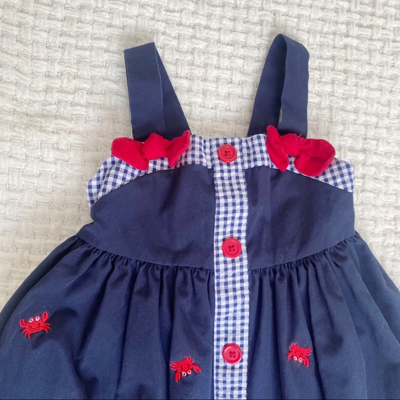 Good lad embroidered crab gingham bow dress navy blue red white nautical sz 4 - Picture 3 of 4